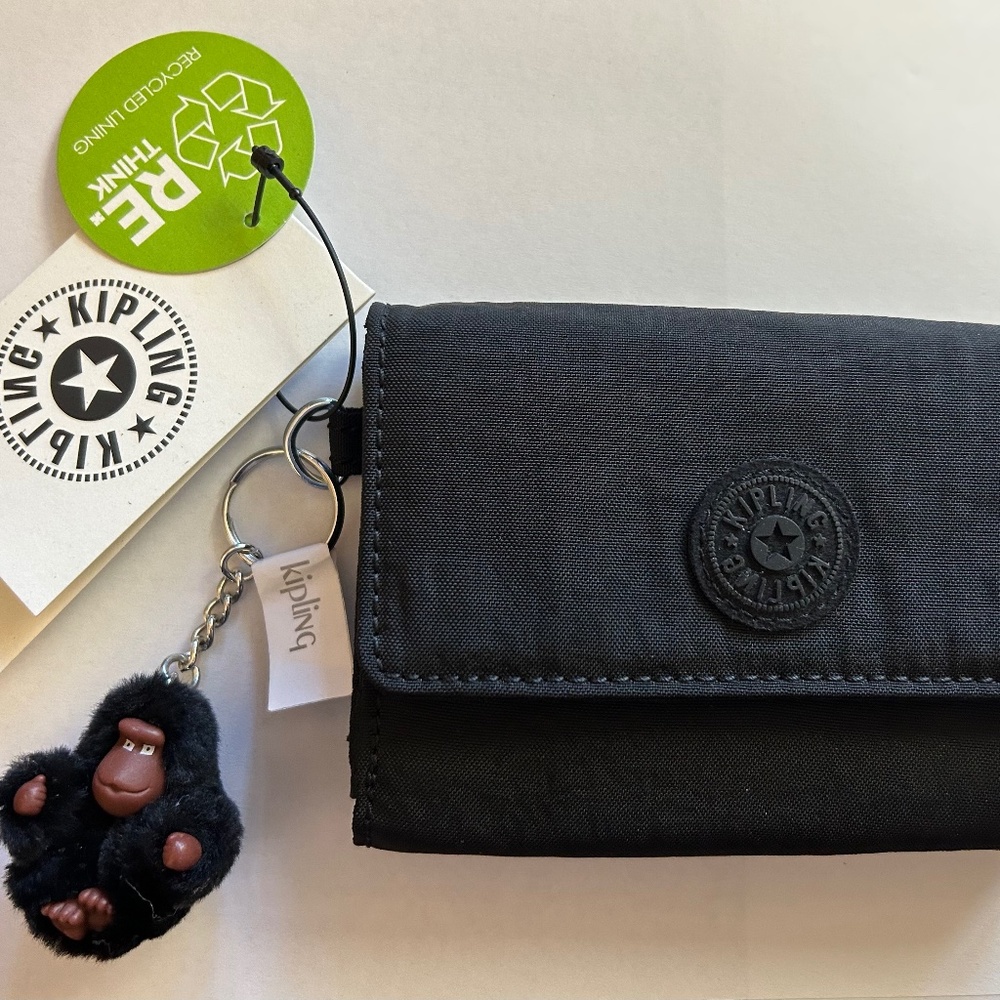 NWT Kipling Pixie Medium Organizer Wallet with Monkey Keychain  - Black